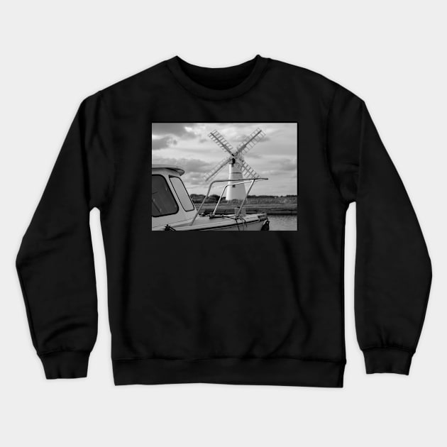 Motor boat on the River Thurne in the Norfolk Broads National Park Crewneck Sweatshirt by yackers1